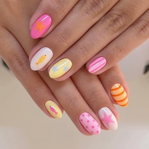 Short Oval Press On Nails 24pc Set with Jelly Stickers