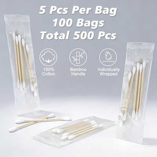 Meanhoo 500 Count Individually Wrapped Cotton Swabs - Travel & Hygiene Pack of 100 (5 Each)