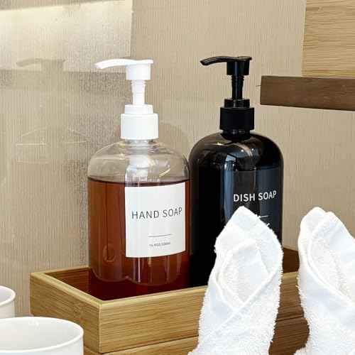 Soap Dispenser with Waterproof Labels, Thickened Plastic Hand Soap Dispenser for Bathroom, Kitchen Dish Washing Liquid Bottles, Shampoo and Conditioner Bottles (16.9 oz, Set of 2, Clear)