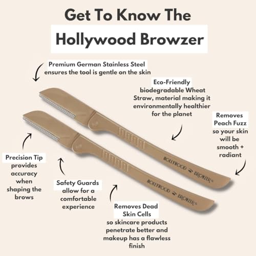 Hollywood Browzer Hair Removal and Dermaplaner Duo - Peach Fuzz and Eyebrow Razor for Women - Eyebrow Grooming Kit - Gold - 2 pc