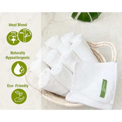 12 Pack Washcloths 13" x 13" - Soft Wash Cloths for Your Face Towel, Viscose derived from Bamboo & Cotton Blend Wash Cloths for Your Body (White)