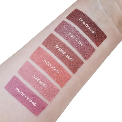 Aromi Peach Matte Liquid Lipstick | Peachy Nude Lip Color, Pink Caramel, Vegan, Cruelty-free, Long-Lasting, Handmade (Fuzzy Peach)