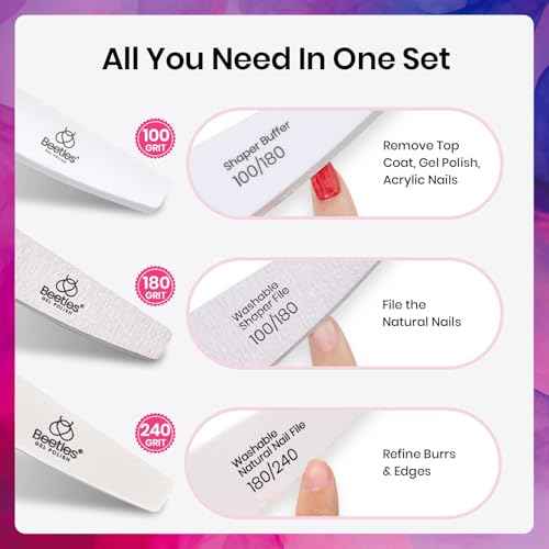 Beetles Pro 3-Pcs Nail File Nail Buffer - Professional 100/180/240 Grit Nails Files and Buffers Double Sided Washable Shaper Files for Acrylic, Gel & Natural Nails ? Salon Quality Manicure Tool