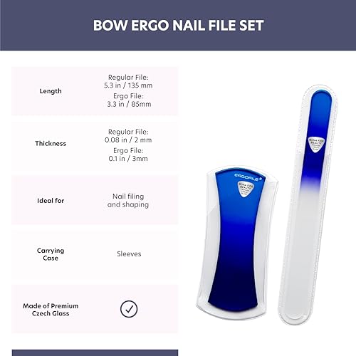 BONA FIDE BEAUTY Blue Czech Glass Nail File Kit 3-Pieces- Glass Curved File (Ergo File), and Cuticle Pusher