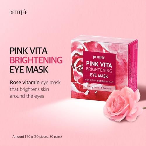 Pink Vita Brightening Eye Mask 60 Pieces (30pairs) - Rose and Vitamin B Eye Patch, Soft Bamboo Sheet Mask, Evens Skin Tone, Rose Extract, Vitamin Tree Extract, Radish Extract, Beet Root Extract