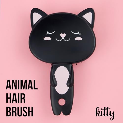 Hairbrush - 1pc Cute Animal Character Hairbrush, Comfort & Control Cushion Hair Brush w/Gentle Bristles, Cushion Base, and Animal Ears (BLACK CAT)