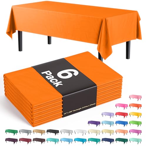 Exquisite 6-Pack Premium Plastic Tablecloth 54in. x 108in. Rectangle Plastic Table Cover - Orange