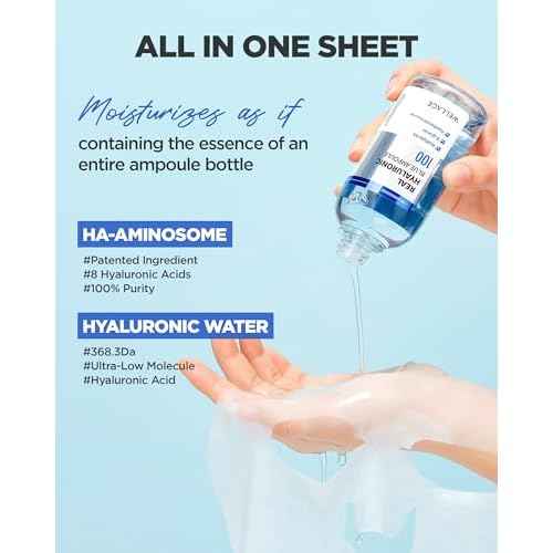 WELLAGE Real Hyaluronic Blue Ampoule Face Mask - Korean Hydratig Mask Moisture Boost with 10,000ppm Ultra-Low Molecular Hyaluronic Acid - Soft Vegan Cashmere Sheet for Sensitive Skin, 5 Sheets