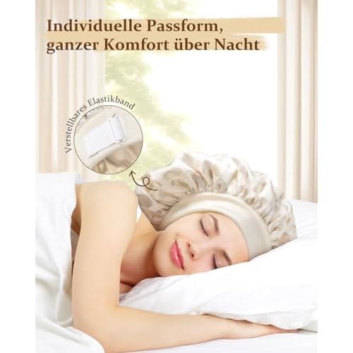 mikimini Satin Bonnet for Sleeping, Adjustable Silk Bonnets for Women, Soft Large Hair Bonnet for Curly Hair Long Hair and Braid with Elegant Creamy Dots Design