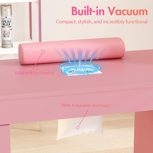 Nail Manicure Table with LED Display & Dust Collector - Pink