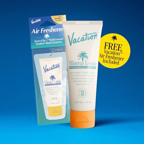 Vacation Mineral Lotion Sunscreen SPF 30 + Air Freshener Bundle, Premium Zinc Sunscreen For Sensitive Skin, Hydrating + Lightweight Mineral Based Sunscreen, Dermatologist Tested, 3.4 fl. Oz.