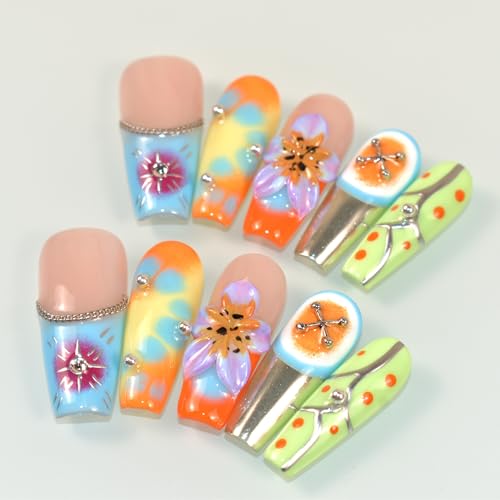 Handmade Nails 10Pcs Manual Hand-Painted Press on Nails with Hand Carved Flowers and Charms Long Coffin for Women DIY Manicure Decorations, Size M