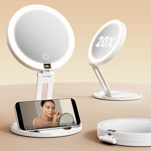 Rechargeable LED Travel Makeup Mirror with 20X/1X Magnification & Light