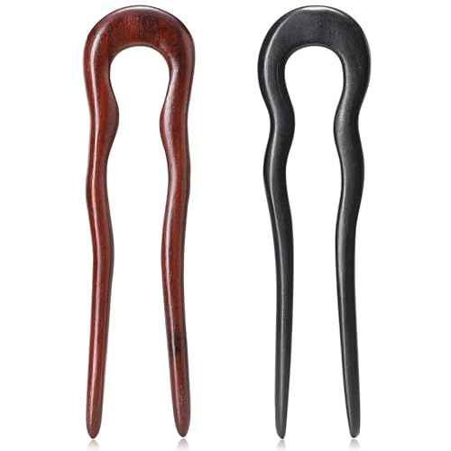 Noverlife 2PCS Wooden U Shaped Hairpins for Long Hair, Handmade French Hair Stick Vintage 2-Prong Wave Hair Forks, Ebony Sandalwood Hair Chopsticks Elegant Chignon Pins for Women Bun Updo Hairstyle