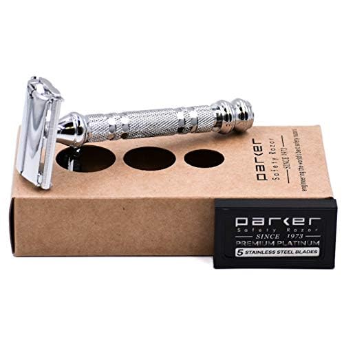 Parker 66R Long Handle Butterfly Safety Razor ? Twist-to-Open Brass Frame with Textured Chrome Finish for Close, Comfortable Shaves - 5 Blades Included