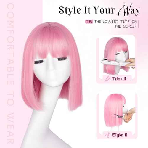 Pink Bob Wig with Bangs Short Straight Bob Wigs for Women - 12 Inch Heat Resistant Synthetic Hair for Halloween Costume Cosplay Party