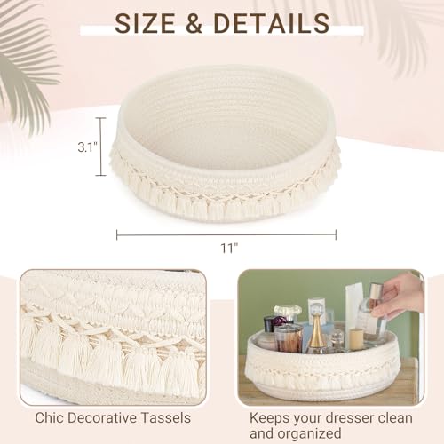 Mkono Macrame Makeup Storage Basket, Hand-Woven Ivory 11"