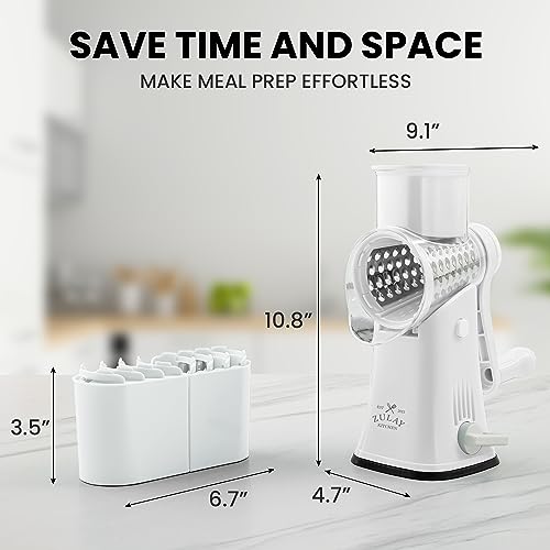 Zulay Rotary Cheese Grater 5 Blade Cheese Shredder - Manual Hand Crank Cheese Grater With Reinforced Suction & 5 Interchangeable Drums - Easy to Use Vegetable Chopper - Brilliant White