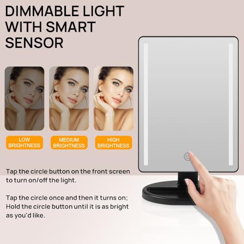 Lighted Makeup Mirror with Lights Vanity Makeup Mirror with Adjustable Brightness and 180 Degree Rotation Touch Screen Dual Power Supply Gifts for Teens Girls Women (Black)