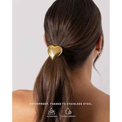 PAVOI 14K Yellow Gold Plated Waterproof Chunky Heart Metal Hair Cuff for Women - Stainless Steel Statement Ponytail Cuff Fashion Accessories - Valentines Day Stretchy Gold Hair Ties for Ponytails