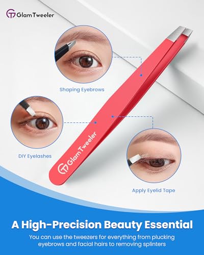 GlamTweeler Precision Slant Tip Eyebrow Tweezers with Leather Case - Hot Pink