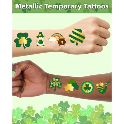 32 Sheets 100+ PCS Glitter St. Patrick's Day Shamrock Temporary Tattoos with Gold Foil Highlights, St. Patrick's Day Accessories, Party Favors, All Ages