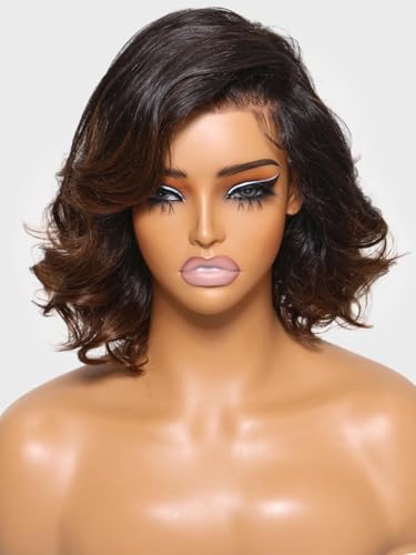 Nadula Balayage Brown Short Bob Wig 12 Inch Loose Wave HD Lace Front Glueless