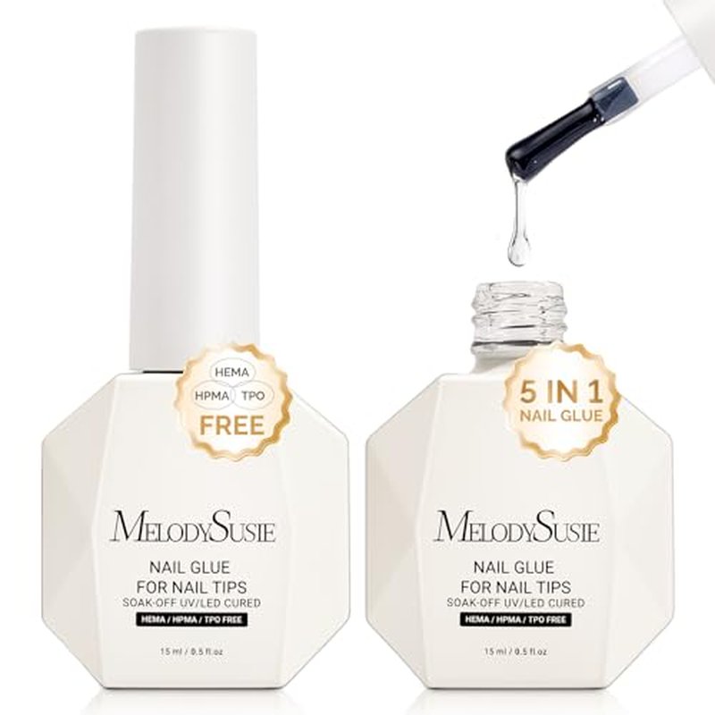 MelodySusie 3Free Nail Glue Gel – 5-in-1 False Nail Adhesive, 2x15ml