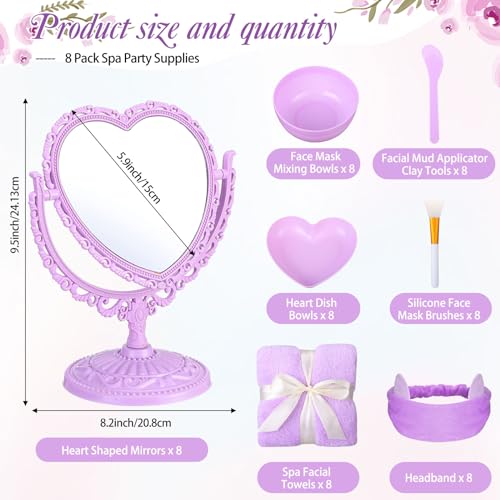 8 Set Spa Party Supplies 8 Heart Shaped Mirrors 8 Silicone Face Mask Brushes 8 Face Mask Mixing Bowl 8 Headband 8 Spa Facial Towel 8 Heart Dish Bowls for Sleepover Slumber Party (Purple)