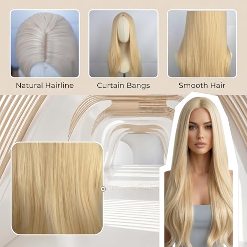 Long Wavy Blonde Wigs for Women - Natural 30 Inch Curly Middle Part Synthetic Hair for Daily & Party Wear