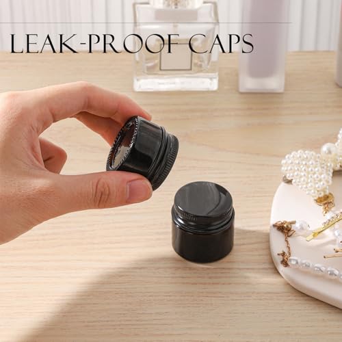 24 pack 5ml Amber Glass Cosmetic Jars with Black Metal Lids Empty Lip Balm Containers with Inner Liner Tiny Sample Jar with Label for Wax Salve Lotion