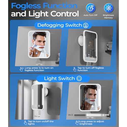 Gospire Heated Shower Mirror Fogless for Shaving with Light, 5000mAh Rechargeable Battery, Detachable Suction Cup and Razor Holder for Wall, NO-Drilling, Removable, Waterproof for Bathroom - White