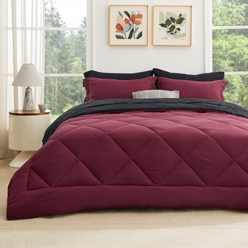 Bedsure Burgundy and Black Twin Comforter Set - 5 Pieces Reversible Twin Bed in a Bag, Twin Bed Set Burgundy and Black with Comforters, Sheets, Pillowcase & Sham