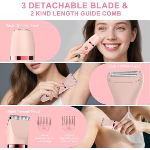 3-in-1 Electric Razor IPX7 Waterproof Bikini Trimmer Wet & Dry Use Painless Personal Trimmer Groomer for Ladies Face Body Legs Bikini Public Hairs Electric Lady Shaver with Replaceable Heads