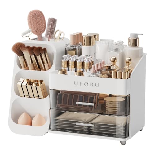 UFORU White Makeup Organizer with Brush Holder for Vanity & Bathroom