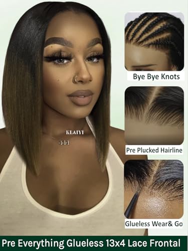KLAIYI Ombre Brown Yaki Straight Bob Wig - 14Inch Glueless Human Hair