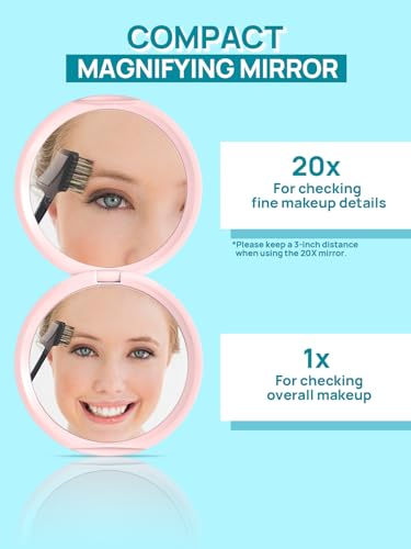 Macaki 1x/20x Compact Magnifying Mirror, 3 in, Pink
