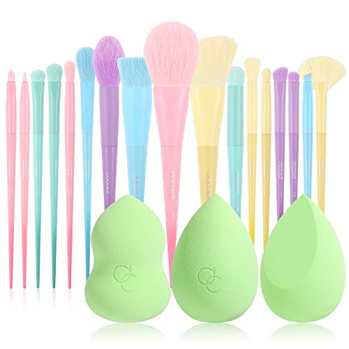 Docolor 17Pcs Colourful Makeup Brush Set + 3 Pcs Pea Pod Makeup Sponge, Premium Synthetic Kabuki Foundation Blending Rainbow Professional Make Up Brush Tool