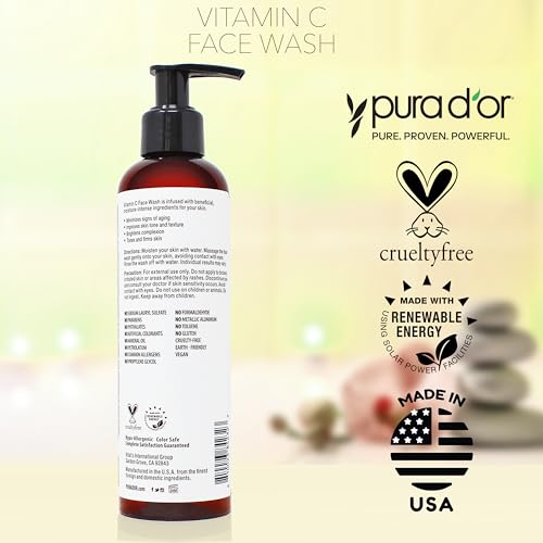 PURA D'OR 8 Oz Vitamin C Face Wash - Antioxidant Rich Brightening Facial Cleanser For Radiant Glow & Even Skin Tone - Gentle, Refreshing, Nurturing, Hydrating - Sulfate & Paraben Free - All Skin Types