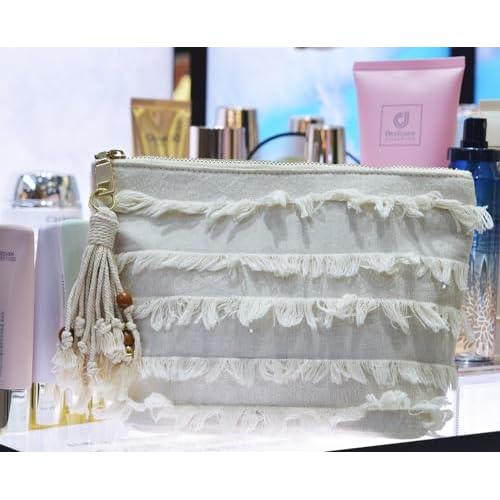 Canvas Cosmetic Bag Handmade Embroidered Lace Makeup Bag Large Capacity Natural Linen Make Up Pouch Purse Organizer Boho Travel Toiletry Bag for Women (tassel)