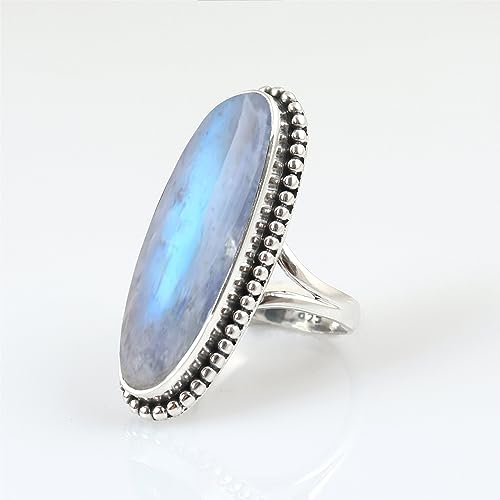 Rainbow Moonstone Gemstone Ring 925 Sterling Silver Handmade Ring For Women Wedding Gift For Her Large Stone Jewelry Bue Flash Moonstone Ring By NKG