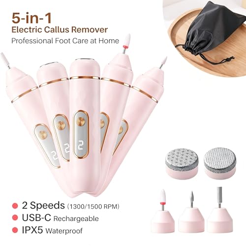 DMOPEOD Pink Electric Callus Remover for Feet, 2 Speeds & 5 Heads, Rechargeable & Washable
