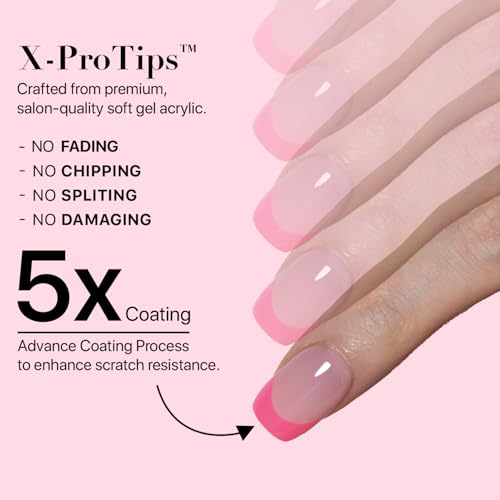 SXC French Tip Press On Nails 150 Pieces - Model 5PINK113-XS Square, Ultra Fit, No File Needed, DIY Nail Art