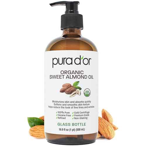 PURA D'OR 16.9 Oz ORGANIC Sweet Almond Oil (GLASS BOTTLE) 100% Pure & Natural USDA Certified Cold Pressed Carrier Oil For DIY Beauty - Non-Greasy, Unscented, Hexane Free Moisturizer - For Hair & Skin