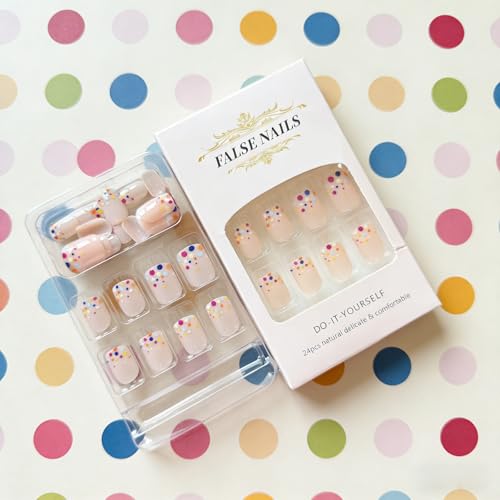 Colorful Polka Dot Press On Nails Short Square – GCSQW 24Pcs Reusable French Dots Design