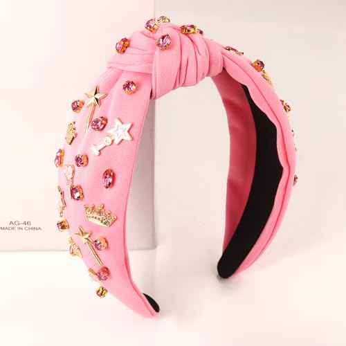 Pink Witch Headbands for Women Girls Princess Crown Wand Knotted Headband for Glinda Fans Witch Birthday Halloween Party Favors Hair Accessories