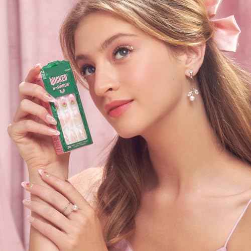 WICKED X imPRESS Press On Nails, New Improved Adhesive, Up To 10 Day Hold, ¡®Tulip Harvest¡¯, Pink, Medium Almond, Includes 30 Fake Nails, 1 Prep Pad, 1 Manicure Stick, 1 Mini File