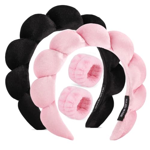 BEBEEPOO Velvet Headband Set for Face Washing, Makeup and Skincare - Puffy Headbands with Face Wash Wristbands, Mask and Skin Treatment