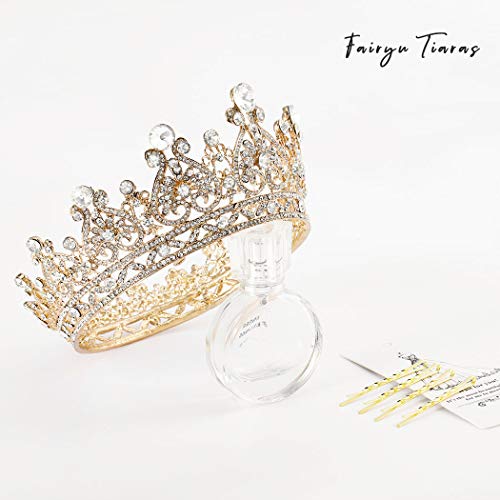 Foyte Baroque Gold Crown Tiara with Rhinestones for Brides