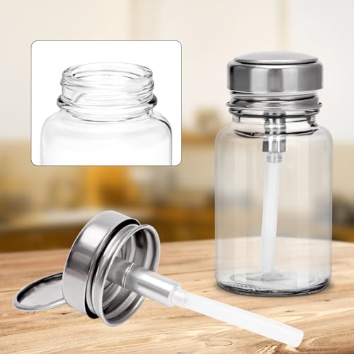 BARBERPLAN 100ML Pump Dispenser Bottle, Square Metal Flip Cover 2 Pack Clear Glass Bottle for Nail Polish Remover, Makeup Remover, Alcohol